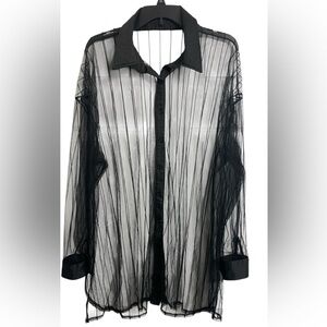 Womens Sheer Black Lightweight Striped Button-Up Blouse